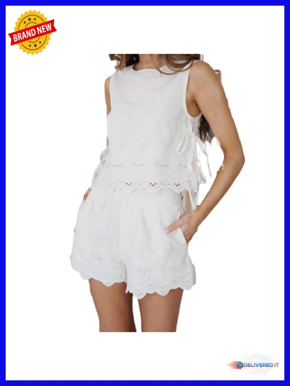 2PC Tie Side Shorts Set Sleeveless Ruffle Trim Floral Embroidered Hollow Outfit